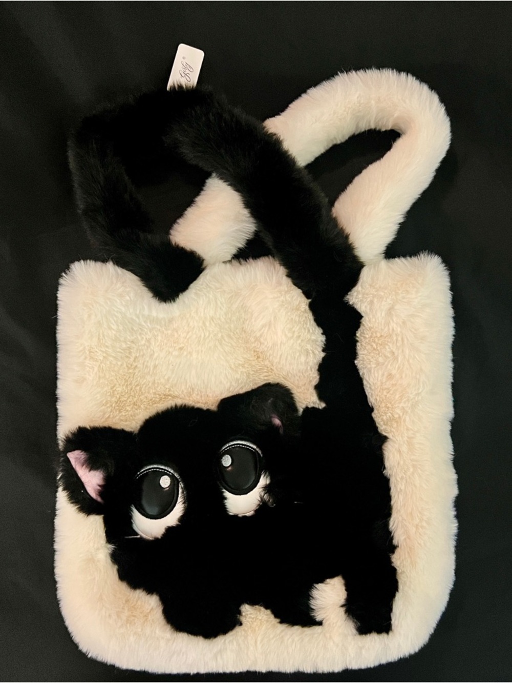 Lily Black & Cream Plush Cat Tote Bag